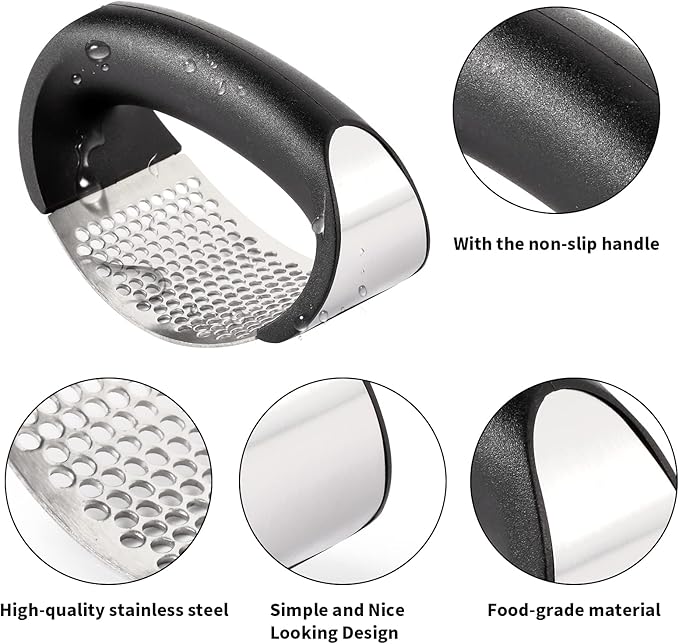 2 Pack Garlic Press Rocker, Stainless Steel Garlic Mincer with 2 Peelers, 2 Scrapers and 2 Brushes | Garlic Crusher Garlic Chopper for Smashing Garlic