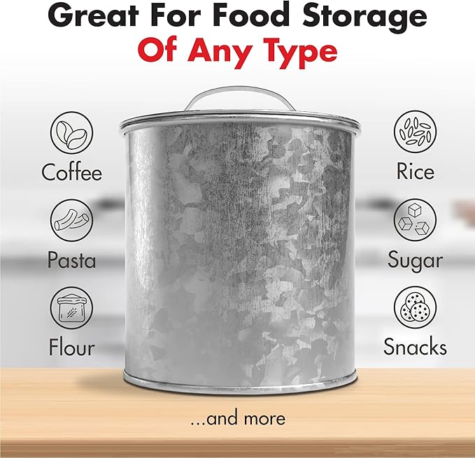 Amici Home Newport Galvanized Metal Canister | Dry Food Storage Container | Airtight Lid | 156 Ounce Capacity | Farmhouse Décor | Rustic Metal Canister for Kitchen Countertop (Silver)