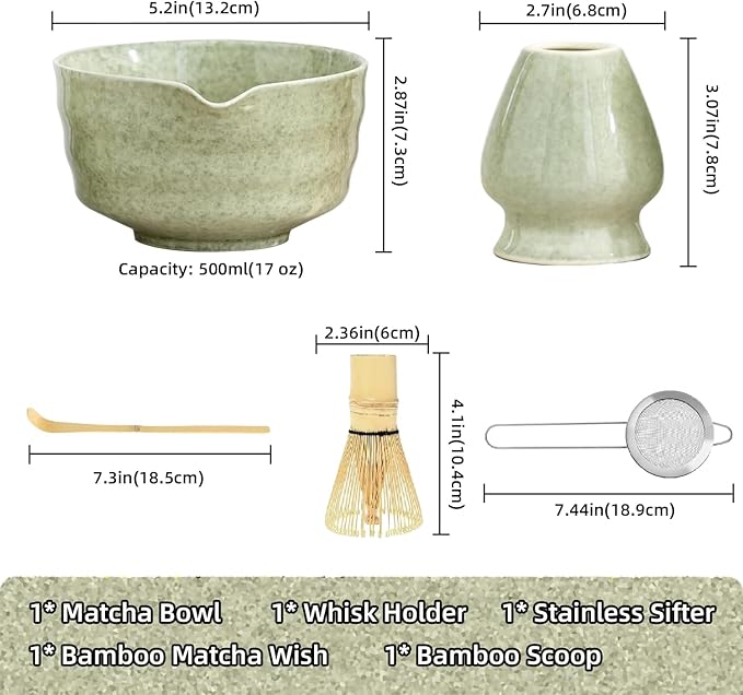 Matcha Tea Set, 5-Piece Ceremonial Kit with Ceramic Matcha Bowl (Chawan), Bamboo Whisk (Chasen) & Holder, Stainless Steel Sifter, Bamboo Scoop (Chashaku) — Japanese Tea Ceremony Gift (Green)