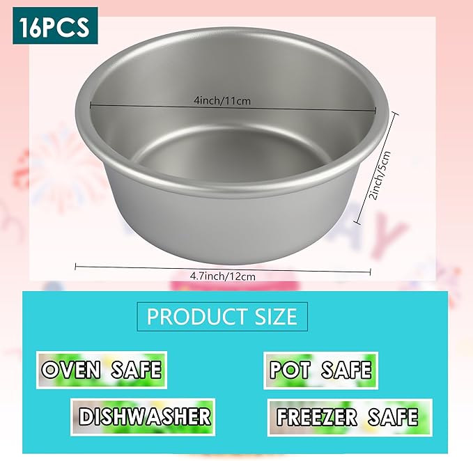 16 Pcs 4 Inch Round Cake Pans Nonstick Aluminum Round Cake Pan Mold Small Smash Cake Baking Pans for Home Baking Cheese Cake Pizza Quiche Leakproof and Easy Release