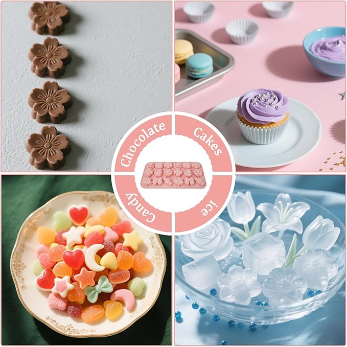 2 Pcs Flower Candy Silicone Molds, Different Shapes Of Chocolate Molds, Suitable for Making Candy, Chocolate, Fudge, Pudding, Cookies, Ice Cubes(Pink)
