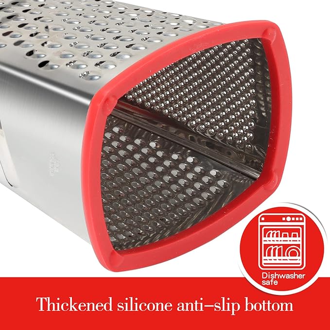Ourokhome Cheese Grater with Handle, Stainless Steel Box Grater, 4 Side Kitchen Vegetable Shredder Slicer Zester with Container for Parmesan, Cabbage, Ginger, Lemon, Chocolate, Coconut (Red)