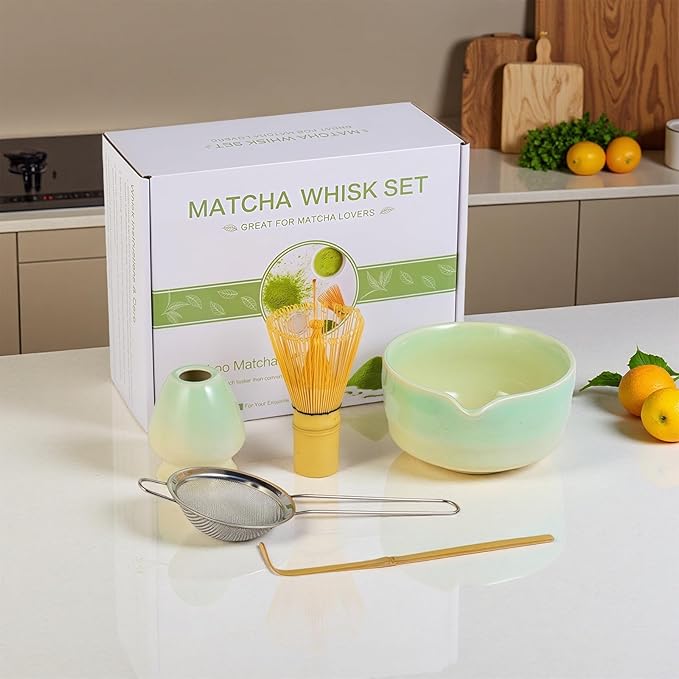 Matcha Whisk Set, 5pcs Japanese Ceremony Matcha Tea Kit Includes Ceramic Matcha Bowl with Spout, Bamboo Whisk & Holder, Traditional Scoop, Stainless Sifter, Gift for Matcha Lovers Beginner