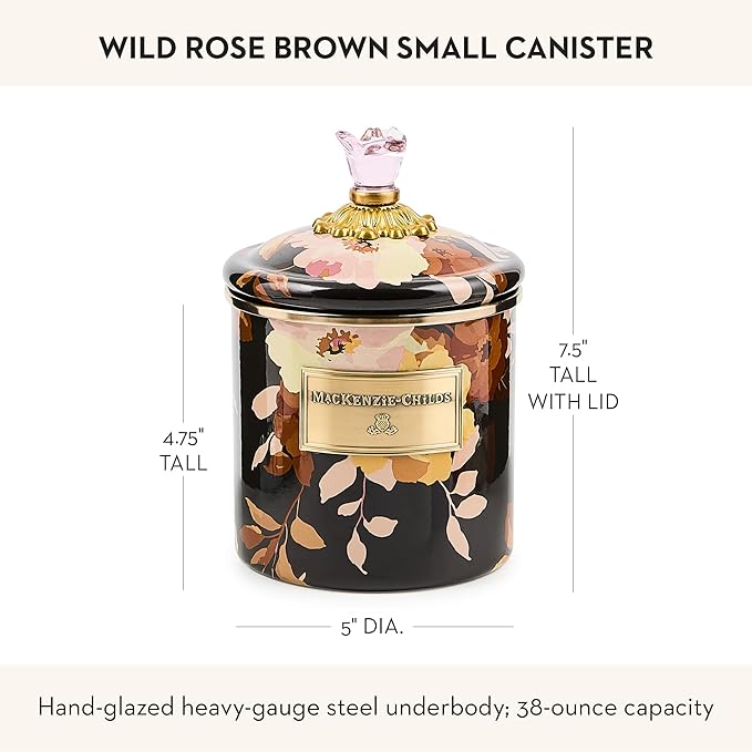 MACKENZIE-CHILDS Enamel Canister, Kitchen Storage Container with Lid, Small, Wild Rose Brown