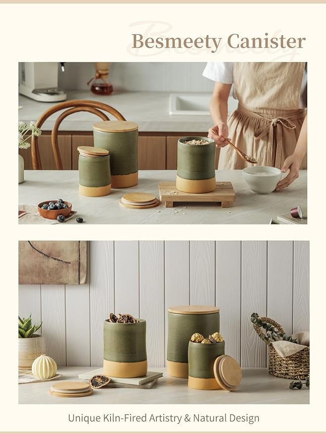 Besmeety Canisters Sets for the Kitchen, 23 oz x 40 oz Flour Sugar Storage Containers, Ceramic Kitchen Canisters for Countertop Set of 2 with Airtight Lids