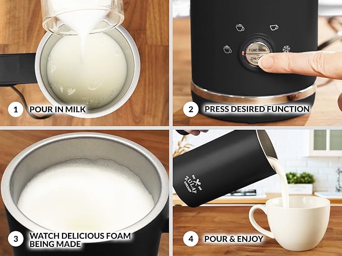 Zulay 4-in-1 Milk Frother & Steamer – Automatic Hot & Cold Foam Maker, Milk Warmer & Chocolate Mixer – 10oz/300ml Capacity, Nonstick Stainless Steel Interior, Quiet One-Touch Operation – Black