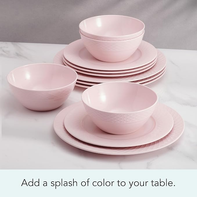 Miksa Trellis Pink Bone China Chip Resistant Lightweight 12 Piece Dinnerware Set, Service for 4