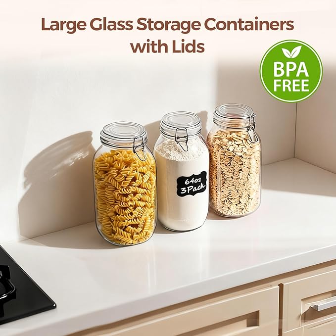 ComSaf Large Glass Jars with Lid 64 oz, Large Mason Jars Set of 3, Glass Canisters with Airtight Lids, Half Gallon Canning Jar with Seal Wire Clip Fastening for Kitchen, Pickle, Flour, Sugar, Cereal