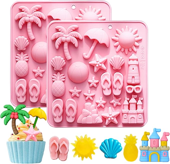 Summer Beach Theme Silicone Molds, Summer Beach Chocolate Silicone Molds 44 Cavity Gummy Mold Candy Mold for DIY Resin Product Cookie Ice Cube Baking Mould 2PCS Pink