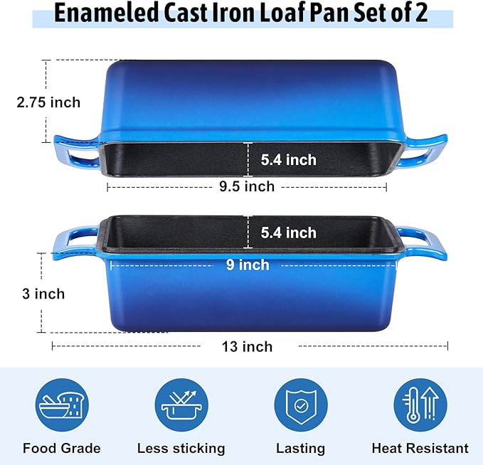 P&P CHEF 2 In 1 Enameled Cast Iron Loaf Pan with Lid, 9 x 5 Inch Bread Loaf Pans for Baking Homemade Sourdough Bread, Meatloaf, Toast, Cake, Nonstick & Healthy & Sturdy, 2 Piece Set - Blue