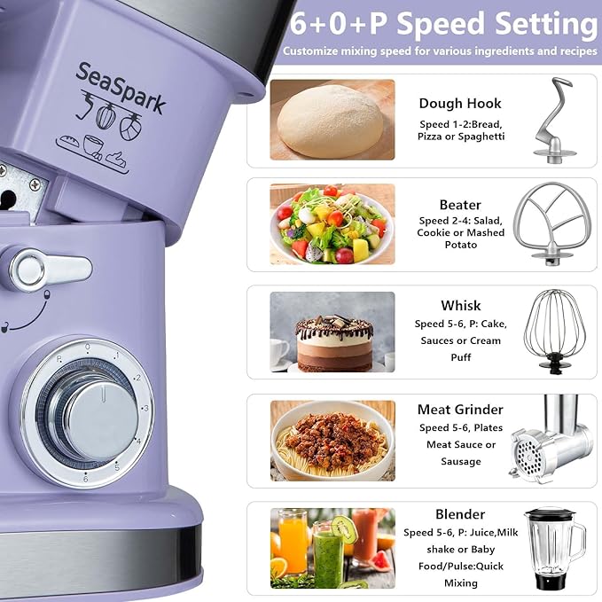 Multifunctional Stand Mixer 6.3Qt 6-Speed Tilt-head, Electric Kitchen Mixer with Stainless Steel Bowl,Meat Grinder, Juice Blender (Purple)