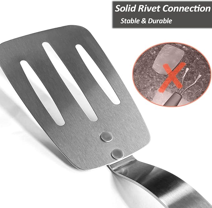 Stainless Steel Spatula, Flexible Metal Slotted Turner for Cast Iron Skillet, Thin Blade and Heat Resistant Silicone Handle, Great for Egg, Cookie, Meat, Crep, Large