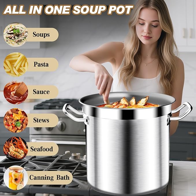 Large Stock Pot - 24QT Stainless Steel Stockpot with Lid, Heavy Duty Tri-Ply Bottom Commercial Grade Soup Pot for Cooking Soup, Stew, Pasta, Oven, Gas, Ceramic, Dishwasher Safe