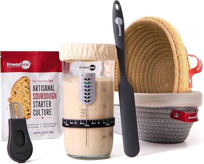 KneadAce Sourdough Starter Kit With Culture, Starter Culture, 24oz Sourdough Jar, 2 x Cotton Rope Banneton Bread Proofing Basket, Bread Lame, Perfect Gifts for bakers Sourdough Bread Baking supplies