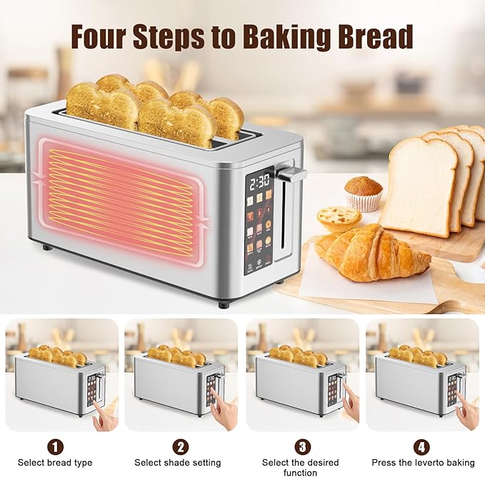 Touch Screen Toaster 2 Slice, Stainless Steel Toasters Digital Timer 2 Slot Toasters, 6 Shade Settings 6 Bread Types for Bagel,Defrost（304 Stainless Steel）