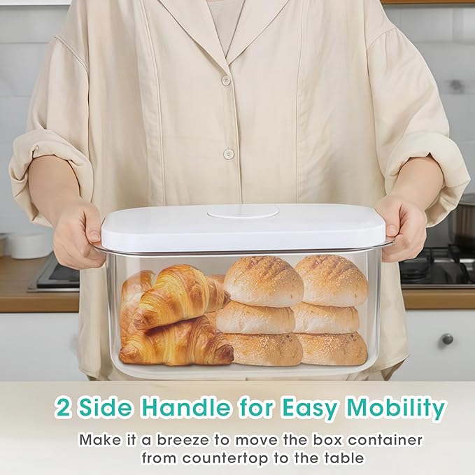 Large Bread Box with Easy-Carrying Handles for Kitchen Countertop, 6.5 Qt Rice Flour Container with Pop Up Lid & Hanging Hooks for Cleaner Use, Airtight Food Storage Bin for Kitchen Organization