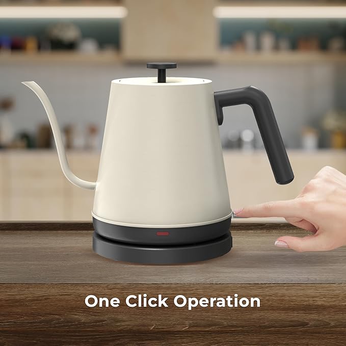 NYOTA Gooseneck Electric Kettle, 0.8L Electric Tea Kettle of 304 Stainless Steel, 1200W Quick Heating, Automatic Shut Off Coffee Kettle, Hot Water Boiler, Bone White
