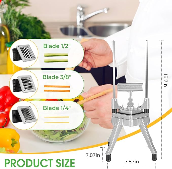 Commercial Vegetable Chopper & French Fry Cutter Stainless Steel - Includes 3 Blade Sizes (1/2",3/8",1/4")- Perfect for Home Kitchen or Restaurant Use - Dices, Slices & Chops Fruits and Potato