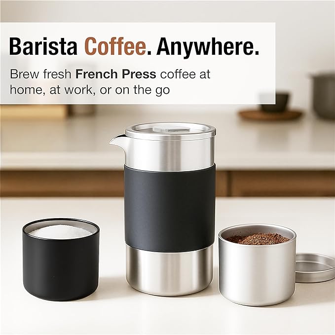 Camping French Press Coffee Maker Set - 12 oz | Portable Travel French Press Coffee Maker | Double Wall Insulated with Dual Stainless Filters & 2 Steel Canisters for Grounds, Tea, Creamer & Sugar
