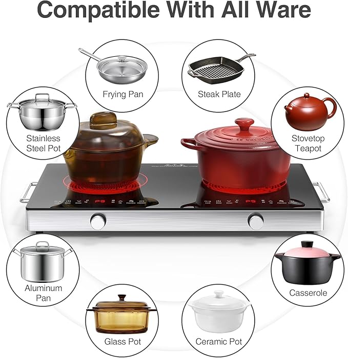 2 Burner Electric Cooktop, 110V 2400W Electric Stove Top, 24 Inch Hot Plate with Knob Control, Kids Lock & Timer, 9 Power Levels, LED Touch Control