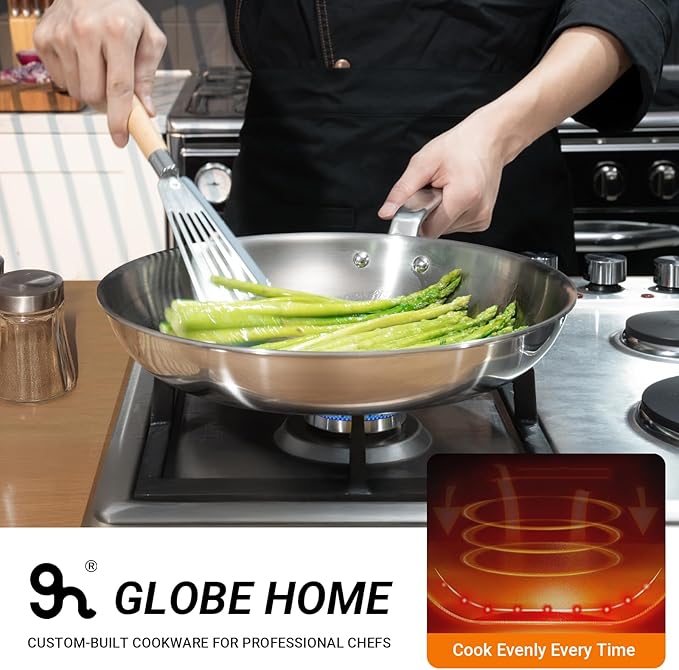 12 Inch Stainless Steel Frying Pan - 5 Ply Stainless Clad Skillet with Aluminum Core, Durable and Even Heating, Professional Cookware for Induction, All Stoves, Oven and Dishwasher Safe