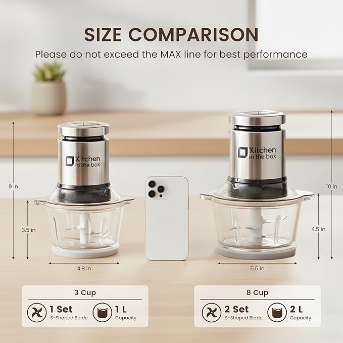 Kitchen in the box Food Processor, Electric Meat Grinder & Food Chopper with 400W Powerful Veggie Chopper-2 Bowls（8 Cup+8 Cup） & 2 Bi-Level Blades for Meat/Fish/Vegetable/Baby Food（Black Button）