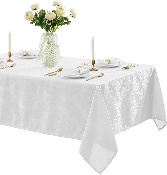 Newbridge Barcelona Luxury Damask Fabric Tablecloth, 70” Extra Wide x 126” Rectangle, White, 100% Polyester, No Iron, Soil Resistant Dining Room, Party and Banquet Table Cover