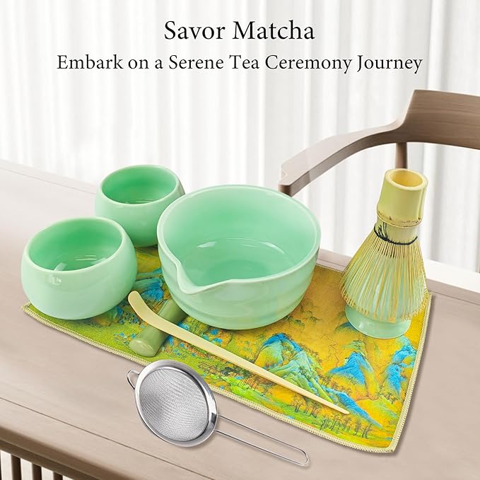 9 Pcs Matcha Whisk Set 18OZ Japanese Matcha Tea Set Includes Matcha Bowl with Spout,Cups,Bamboo Whisk,Ceramic Chasen Holder,Tea Towel, Bamboo Scoop and Sifter Matcha Kit Gift for Ceremony Christmas