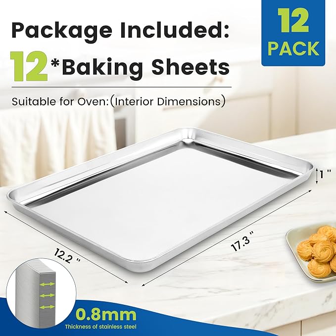 12 Pack Stainless Steel Baking Sheet Pans, 17.3" L × 12.2" W × 1" H Cookie Sheets for Toaster Oven, Rust-Resistant, Dishwasher Safe