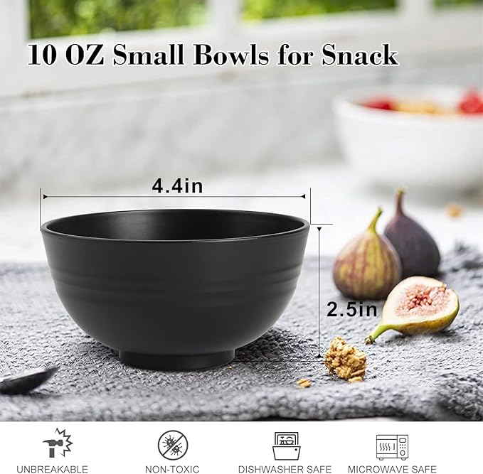 Wrova wheat straw snack bowls 10oz set of 8 - Unbreakable Dessert Bowls for kids - Mini Bowls for Ice Cream,Snack and Fruits - Microwave & Dishwasher Safe Appetizer Bowl Sets - Black