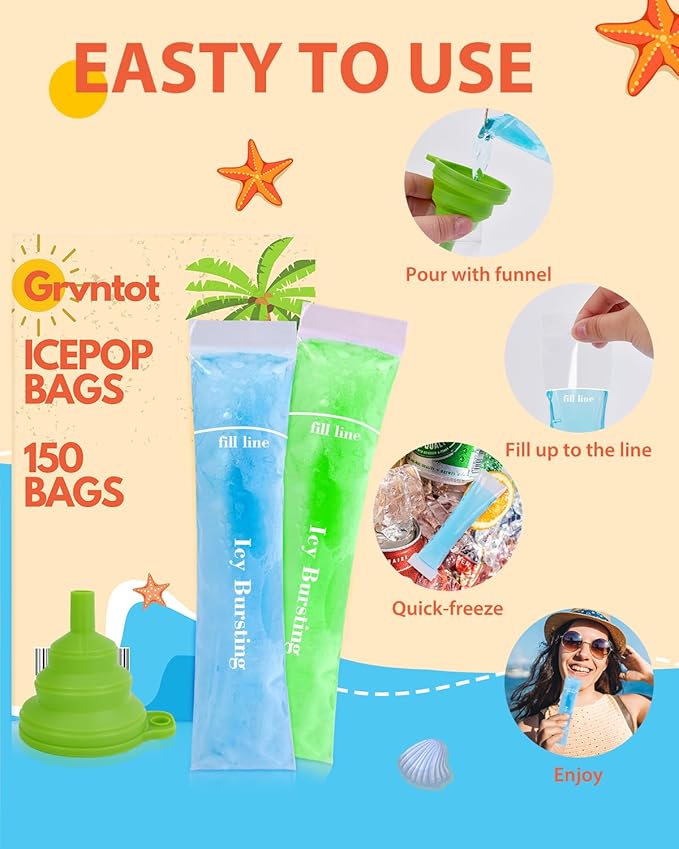 150 Disposable Ice Popsicle Mold Bags (8x2") for DIY Natural Fruit Snacks, Juice & Smoothies, Ice Pops Molds | BPA-Free, Zip Seals, Funnel Included