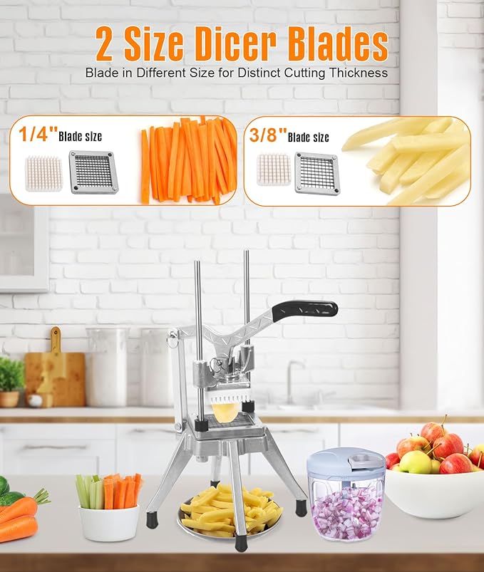 Commercial Vegetable Fruit Chopper 1/4″&3/8″ Blade Heavy Duty Professional Food Dicer Kattex French Fry Cutter Onion Slicer Stainless Steel For Tomato Peppers Potato Mushroom, Silver