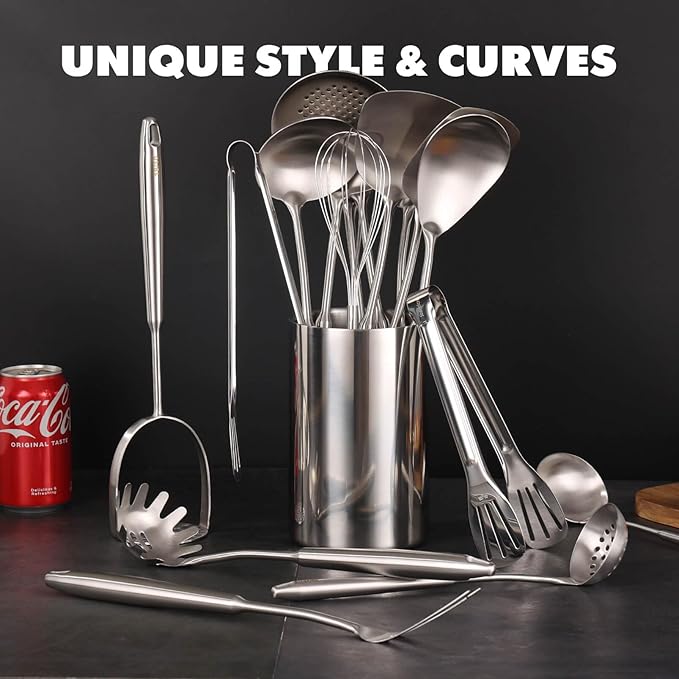 18/10 Stainless Steel Cooking Utensils Set - 16 PCS All Metal Serving Utensils, Kitchen Tools - Whisk, Masher, Fork, Tongs, Solid/Slotted Spoon, Spatula, Turner, Ladle, Skimmer, Pasta, Large Spoon Set