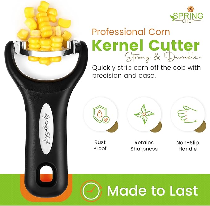 Spring Chef Stainless Steel Corn Peeler – Corn on the Cob Stripper Tool – Durable & Efficient Kernel Remover Tool – Easy to Use Kernel Cutter - Dishwasher Safe Kitchen Gadget - Black