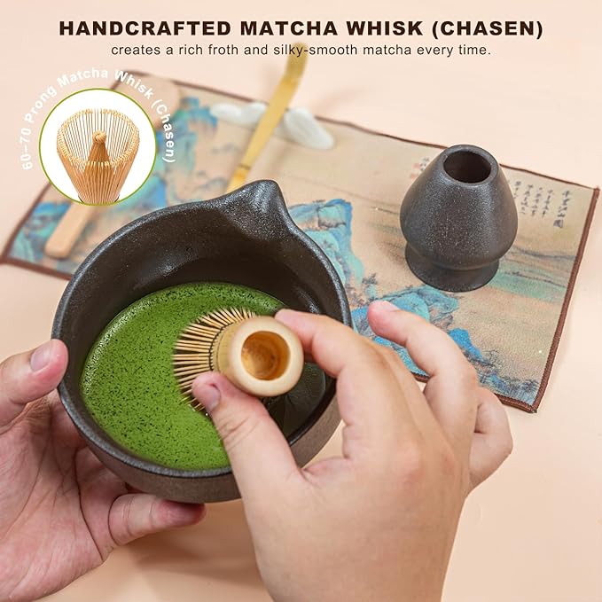 Matcha Set 7-Piece Tea Set with Brush, Bowl, Whisk, Strainer, Chasen, for Matcha Tea Ceremony (Black)