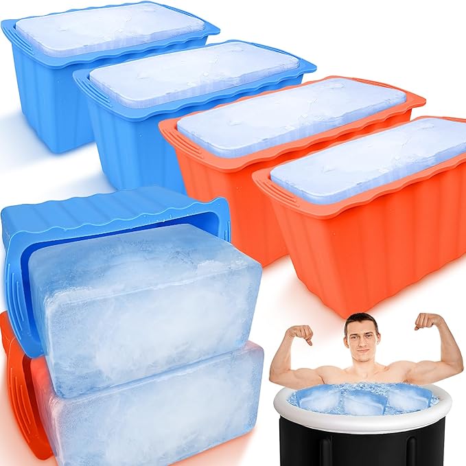 Haldane 6PCLarge Ice Cube Molds 38LB Ice Bath Water Chiller Giant Ice Block Molds Silicone Ice Block Maker For Home, Thicker Big Ice Cube Tray Reusable Athletes Cold Plunge Accessories,Blue+Orange