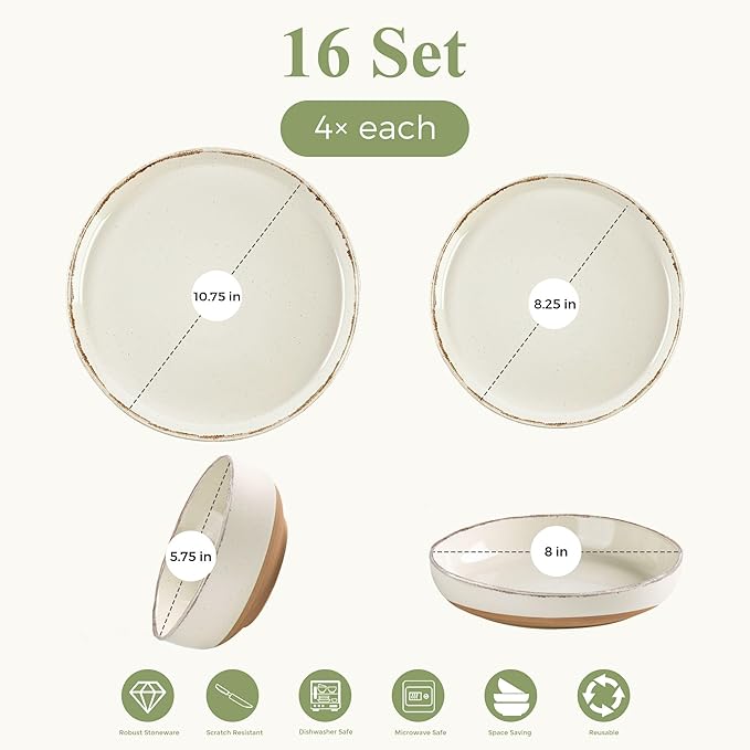 AmorArc Ceramic Dinnerware Sets with Pasta Bowls for 4, Handpainted Plates and Bowls Set with Rustic Terracotta Underside, Scratch Resistant Dishes Set, Dishwasher & Microwave Safe, 16 Pcs