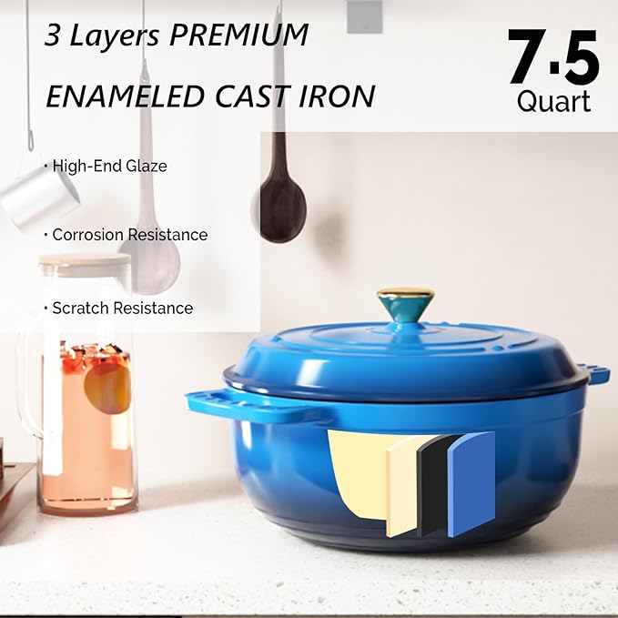 VINGLI 7.5QT Enameled Cast Iron Round Dutch Oven Pot with Lid, NonStick Casserole Pot with Dual Handles & Silicone GlovesRed, Oven Safe up to 500°F or on Stovetop, Dutch Oven for Bread Baking, Blue