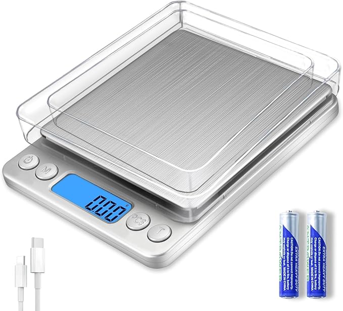 Digital Gram Scale 1000g/0.01g, Scale for Food Ounces and Grams, Upgrade USB Charging Kitchen Scale Digital Weight for Cooking, Baking, Tare Function, 9 Units, 2 Tray