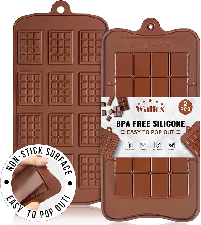 Walfos Break-Apart Chocolate Molds, Non-Stick Silicone Chocolate Bar Mold, Food Grade Candy Bar Mold, Perfect for Energy Bar, Cocoa Mini Bar, Basic Bites, 2 Pack