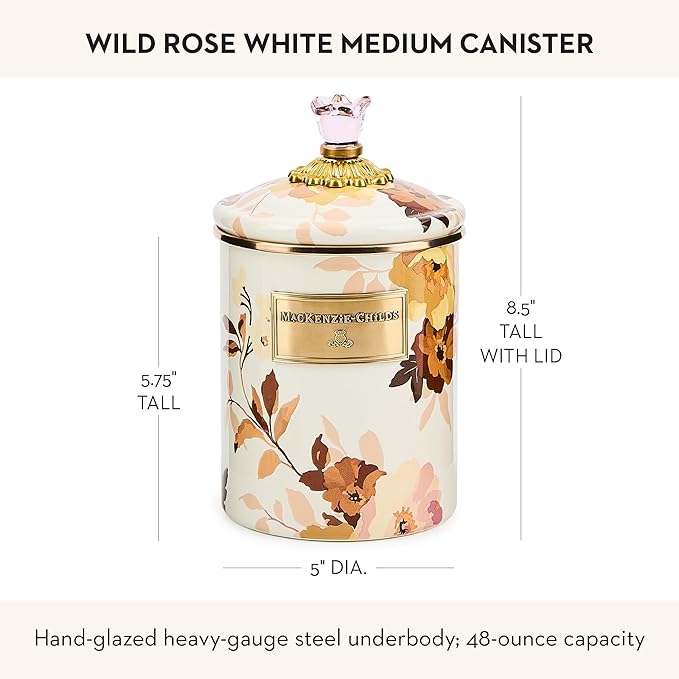 MACKENZIE-CHILDS Enamel Canister, Kitchen Storage Container with Lid, Medium, Wild Rose White