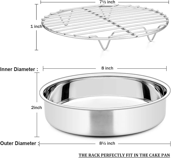 E-far 8-inch Round Cake Pan with Rack Set, Stainless Steel Cake Pans Tins and Baking Cooling Racks, Non Toxic & Healthy, Mirror Polished & Dishwasher Safe - 4 Pieces (2 Pans + 2 Racks)