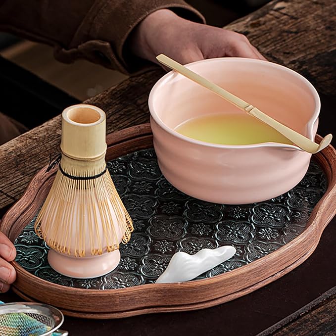 Matcha Tea Set, 5-Piece Ceremonial Kit with Ceramic Matcha Bowl (Chawan), Bamboo Whisk (Chasen) & Holder, Stainless Steel Sifter, Bamboo Scoop (Chashaku) — Japanese Tea Ceremony Gift (Pink)