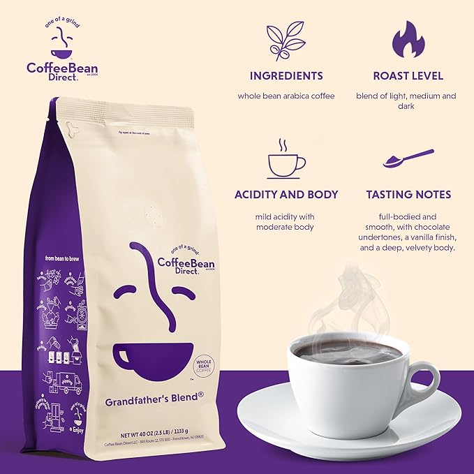 Coffee Bean Direct Grandfather's Blend®, Whole Bean Coffee, Mixed Roast Level, 2.5 Pound Bag (Pack of 1)