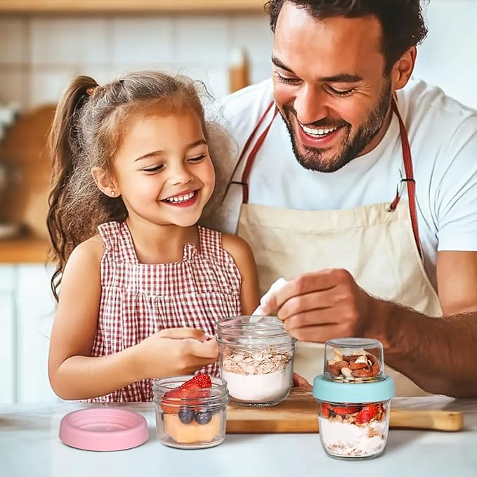 ComSaf Overnight Oats Containers with Lids (8oz+4oz, 4Pcs), Glass Yogurt Parfait Cups for Cereal Nut Fruit, Dual-Layer Chia Pudding Jars Reusable, Small Mason Jars for Salad, Meal Prep, Snack, Oatmeal