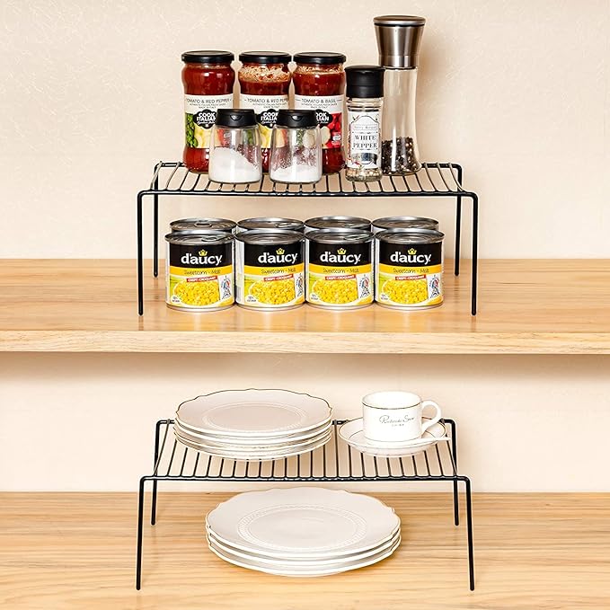 Kitchen Cabinet Shelf Organizer Set of 5, Large (15.7 x 9.4 inch) Metal Wire Pantry Storage Shelves, Dish Plate Racks for Cabinets, Freezer, Counter, Cupboard Organizers and Storage, Black