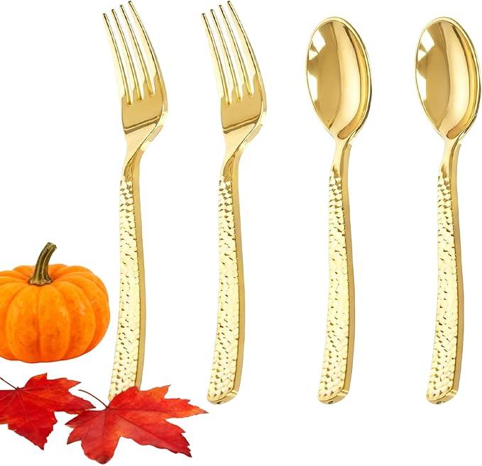 KIRE 400PCS Gold Plastic Spoons and Forks Disposable - Gold Plastic Silverware Set Disposable - 200 Forks and 200 Spoons for Thanksgiving Party, Birthday