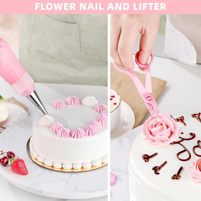 Cake Decorating Kit: Decorating Supplies Tools Kit 138 PCS Baking Accessories Include Spiping Bags and Tips Set, Piping Tips Set, Spatulas, Cake Scraper, 50 Piping Bags for Beginners, Pink