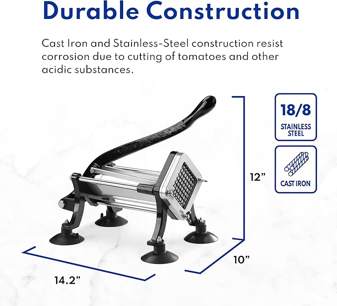 New Star Foodservice 43204 Commercial Grade French Fry Cutter with Suction Feet, 1/2 Inch and 3/8 Inch Blades, Limited Edition Black