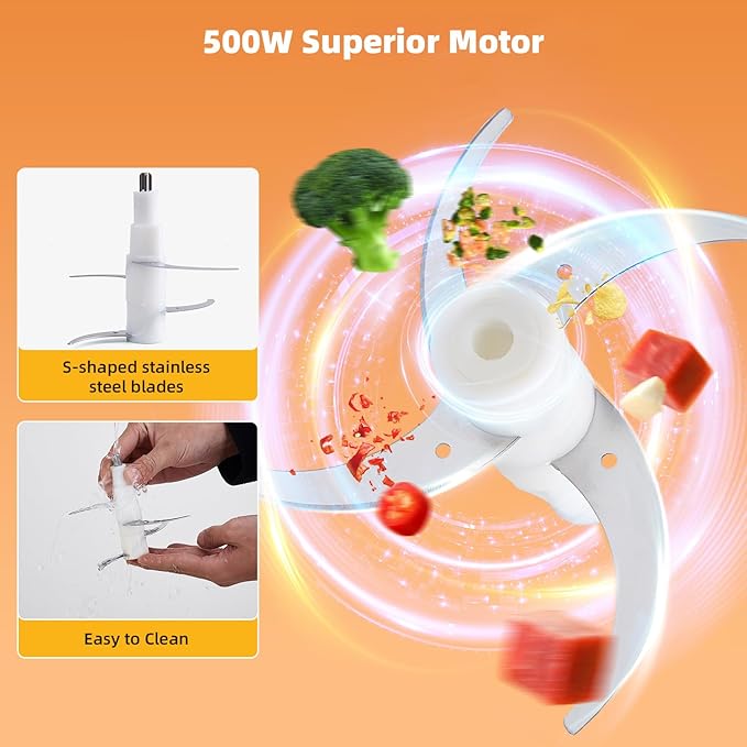 Food Processor,Electric Food Chopper with 500W Stainless Steel Motor & 2 Sharp Blade Sets,8-Cup Glass Bowl for Meat, Vegetables, Fruits and Nuts